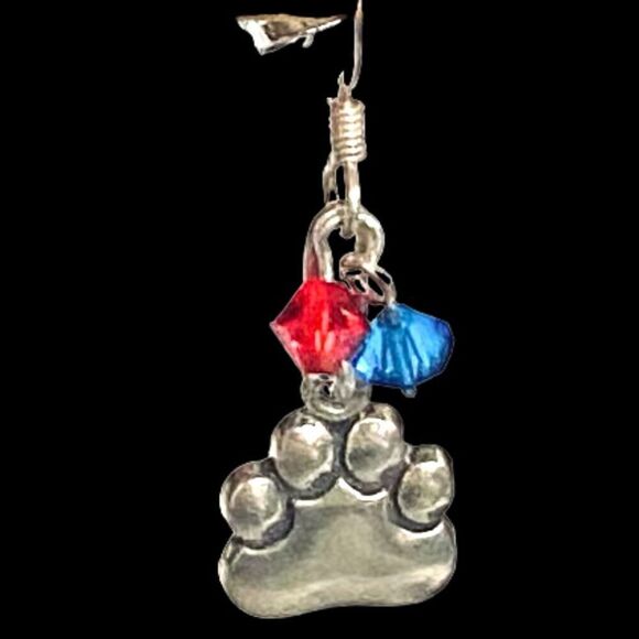 KU Just Cute Dangle Silver Paws Earrings With Red/blue accent crystals. - Picture 4 of 10